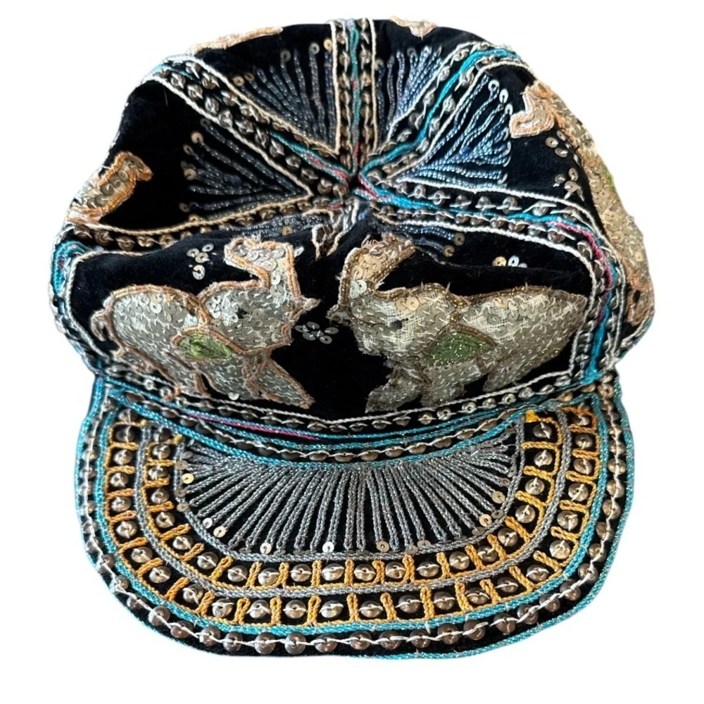 Vintage Burmese Velvet Embellished Black Multi Elephant Baseball Cap Size OS - Picture 7 of 14
